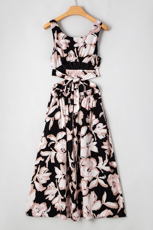 Vestido Maxi Floral Preto Sem Manga Gola Quadrada Nó Costas Recorte