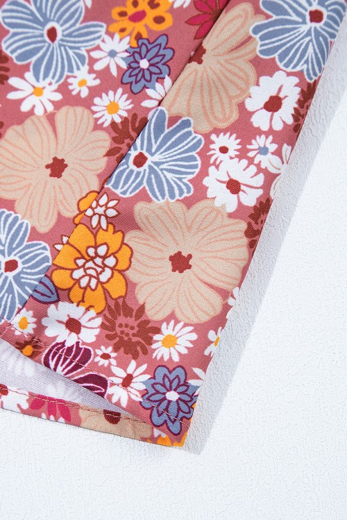 Vestido Curto Floral Vermelho Manga Bufante Gola Quadrada Nó nas Costas