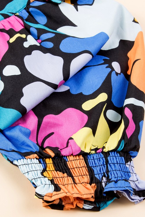 Vestido Evase Floral Azul Gola Polo com Fenda