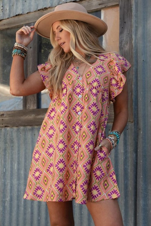 Vestido Curto Floral Geométrico Laranja Gola V Botões Manga Ruffled