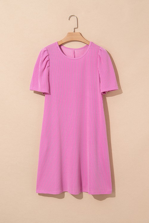 Vestido Curto Camiseta Rosa Choque Tricot Cordado Manga Bufante Gola Redonda