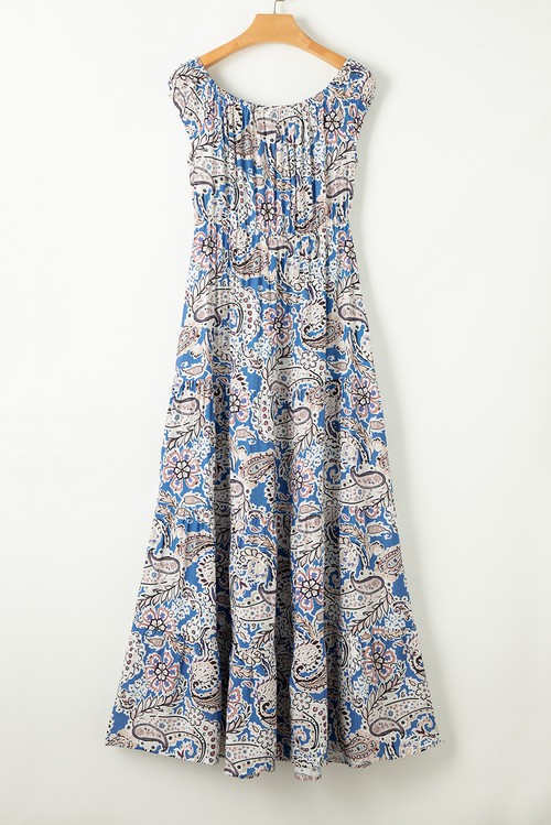 Vestido Maxi Boho Paisley Azul Ombro Caído