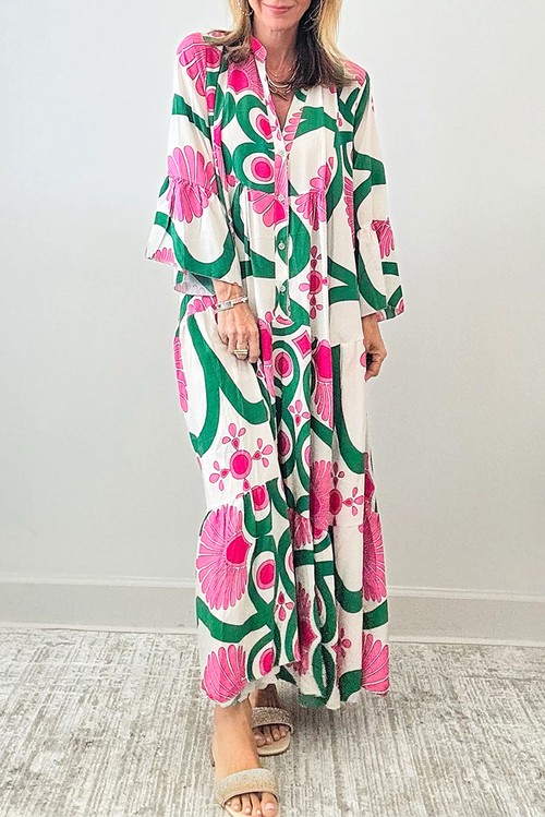 Vestido Maxi Boho Floral Rosa Manga Longa Botões Solto