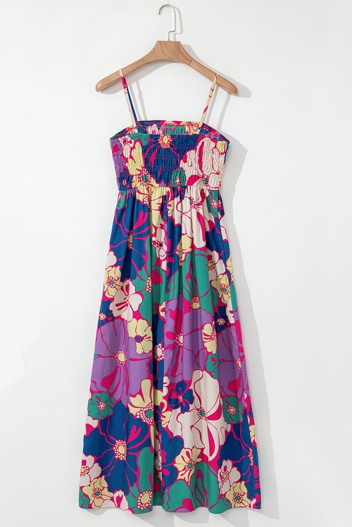 Vestido Maxi Floral Roxo Alcinhas Franzido Solto