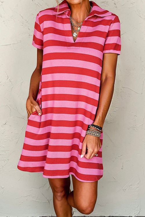 Vestido Camiseta Listrado Vermelho Gola Polo Texturizado