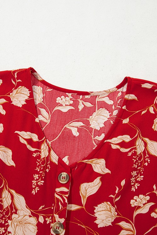 Vestido Curto Floral Vermelho Gola V Botões Frontal Camadas Manga Curta